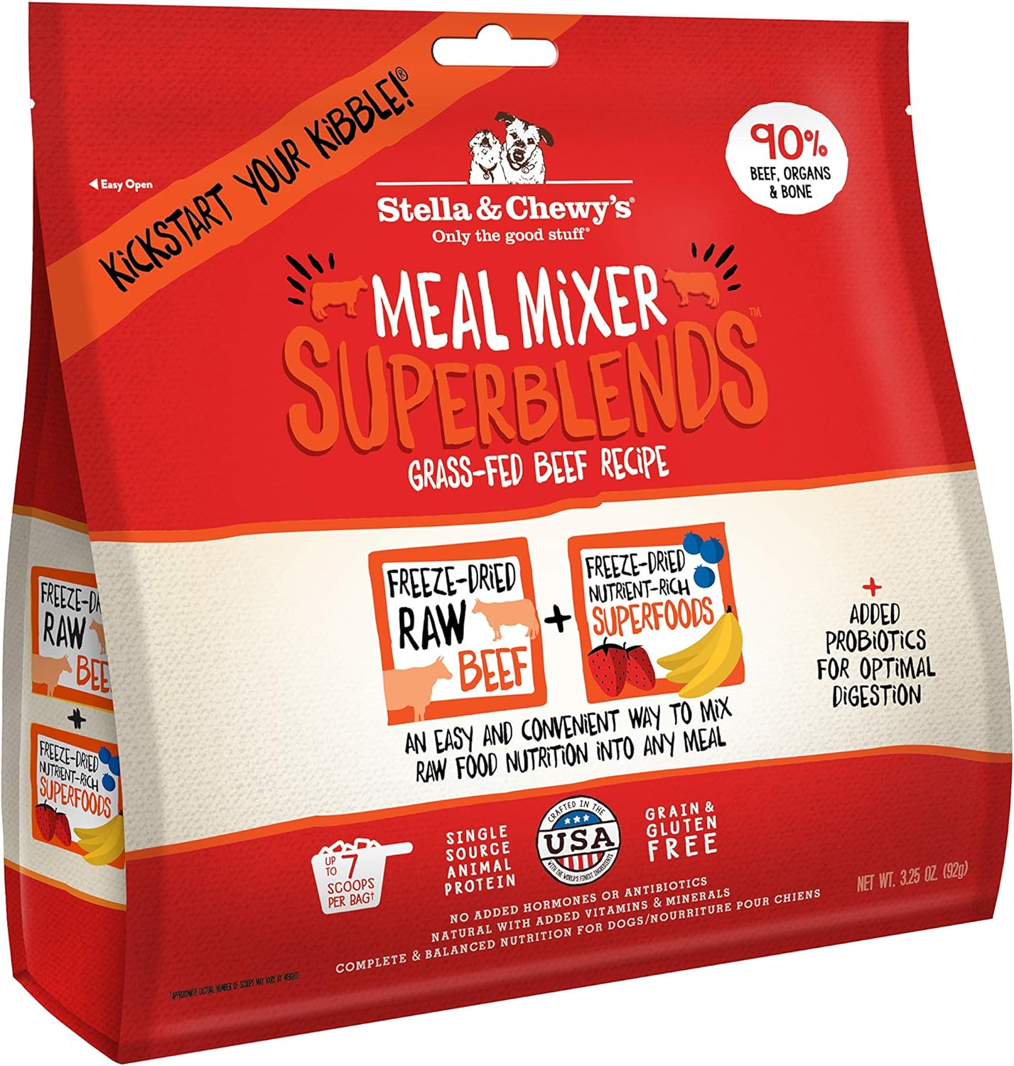 Stella & Chewy's Freeze Dried Raw Grass-Fed Beef Meal Mixers – SuperBlends Dog Food Topper – Grain Free, Protein Rich Recipe – 3.25 oz Bag