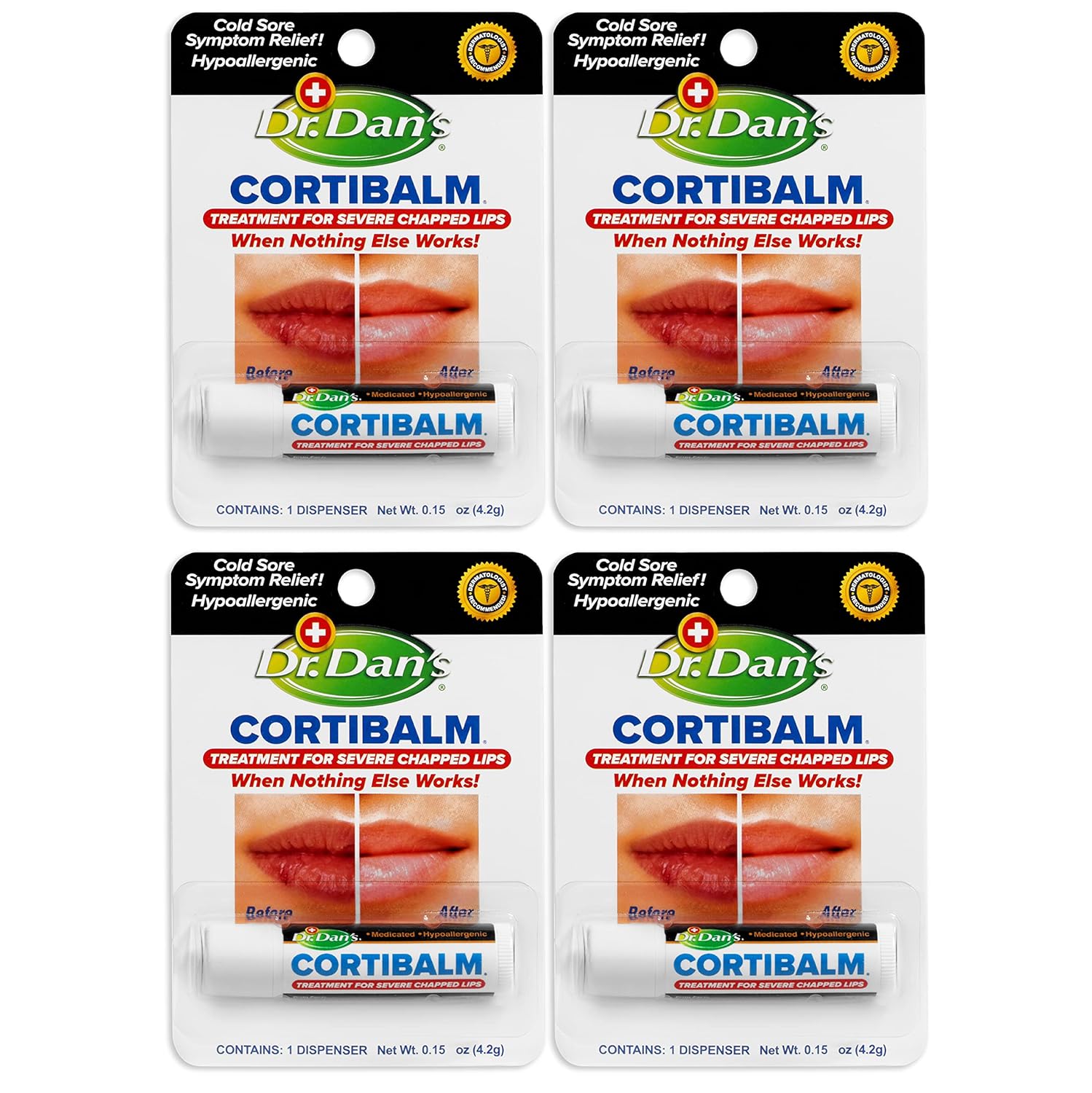 Dr. Dan'S Cortibalm- 4 Pack - For Dry Cracked Lips - Healing Lip Balm For Severely Chapped Lips - Designed For Men, Women And Children