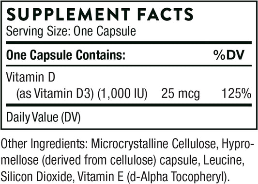 THORNE Vitamin D3 Supplement - Supports Healthy Bones, Teeth Muscles, Cardiovascular, and Immune Function - Gluten-Free, Dairy-Free, Soy-Free - 1,000 IU - 90 Capsules