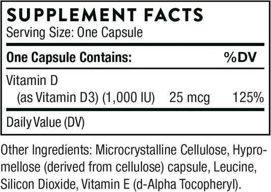 Thorne Vitamin D3 Supplement - Supports Healthy Bones, Teeth Muscles, Cardiovascular, And Immune Function - Gluten-Free, Dairy-Free, Soy-Free - 1,000 Iu - 90 Capsules