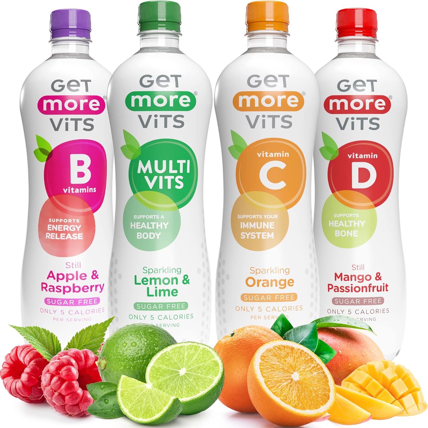 Get More Vits Sugar Free Flavoured Spring Water With Vitamins, Still & Sparkling, Mixed 4 Flavour, 500 Ml, Pack Of 12