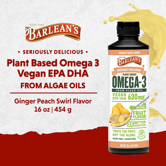 Barlean's Ginger Peach Vegan Omega 3 Supplement, Liquid Algae Oil with 630 mg EPA & DHA, Plant Based Omegas from Algal Oil, Non-GMO & Gluten Free, 16 oz