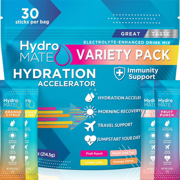 Hydromate Electrolytes Powder Drink Mix Packets Hydration Accelerator Low Sugar Rapid Party Recovery Plus Vitamin C Variety Pack 30 Count