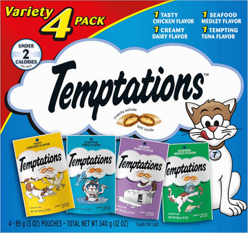 Temptations Classic Crunchy And Soft Cat Treats Feline Favorite Variety Pack, (4) 3 Oz. Pouches