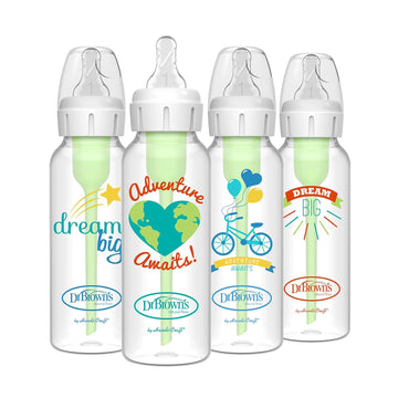 Dr. Brown'S Natural Flow Anti-Colic Options+ Narrow Baby Bottle, Dream Adventure, 8 Oz/250 Ml, With Level 1 Slow Flow Nipple, 0M+, 4 Count (Pack Of 1)