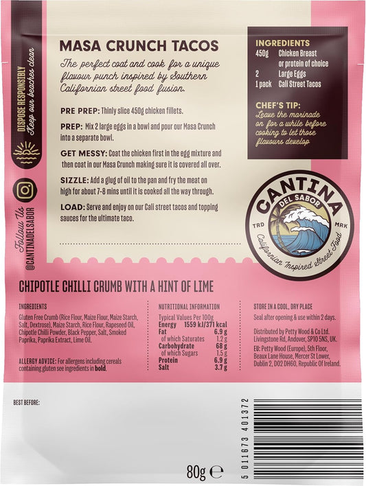Cantina Del Sabor Masa Crunch Chipotle Chilli Crumb With A Hint Of Lime Rub Seasoning Mix, Californian Inspired Street Food, Gluten Free, 80 G Sachet (Pack Of 1)