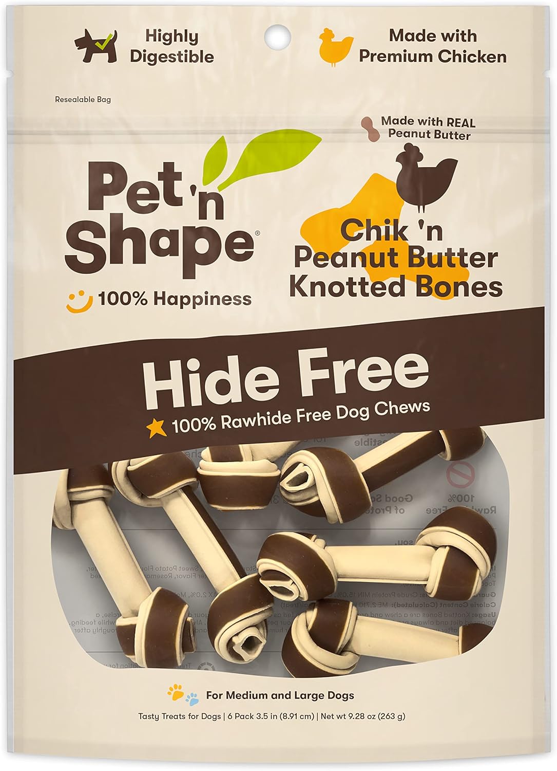 Pet 'N Shape Hide Free Knot Bones With Peanut Butter, 6 Count 9.28 Oz - Rawhide Free Dog Treats - No Hide Alternative Chew Treat For All Life Stages
