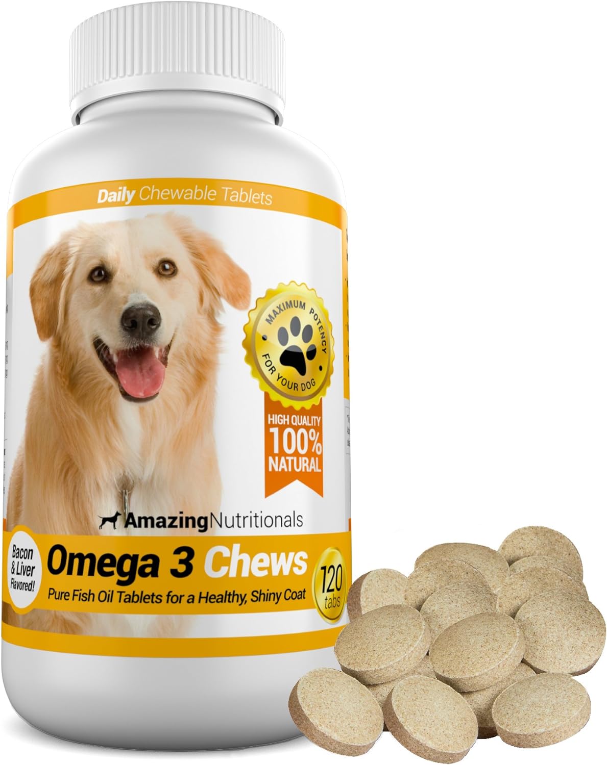 Amazing Omega 3 Fish Oil for Dogs - Omega 3 for Dogs Shedding and Itchy Skin Relief for Dog Dry Skin and Hot Spots, EPA and DHA Fatty Acids, Dog Skin and Coat Supplement - 120 Bacon Flavor Chews