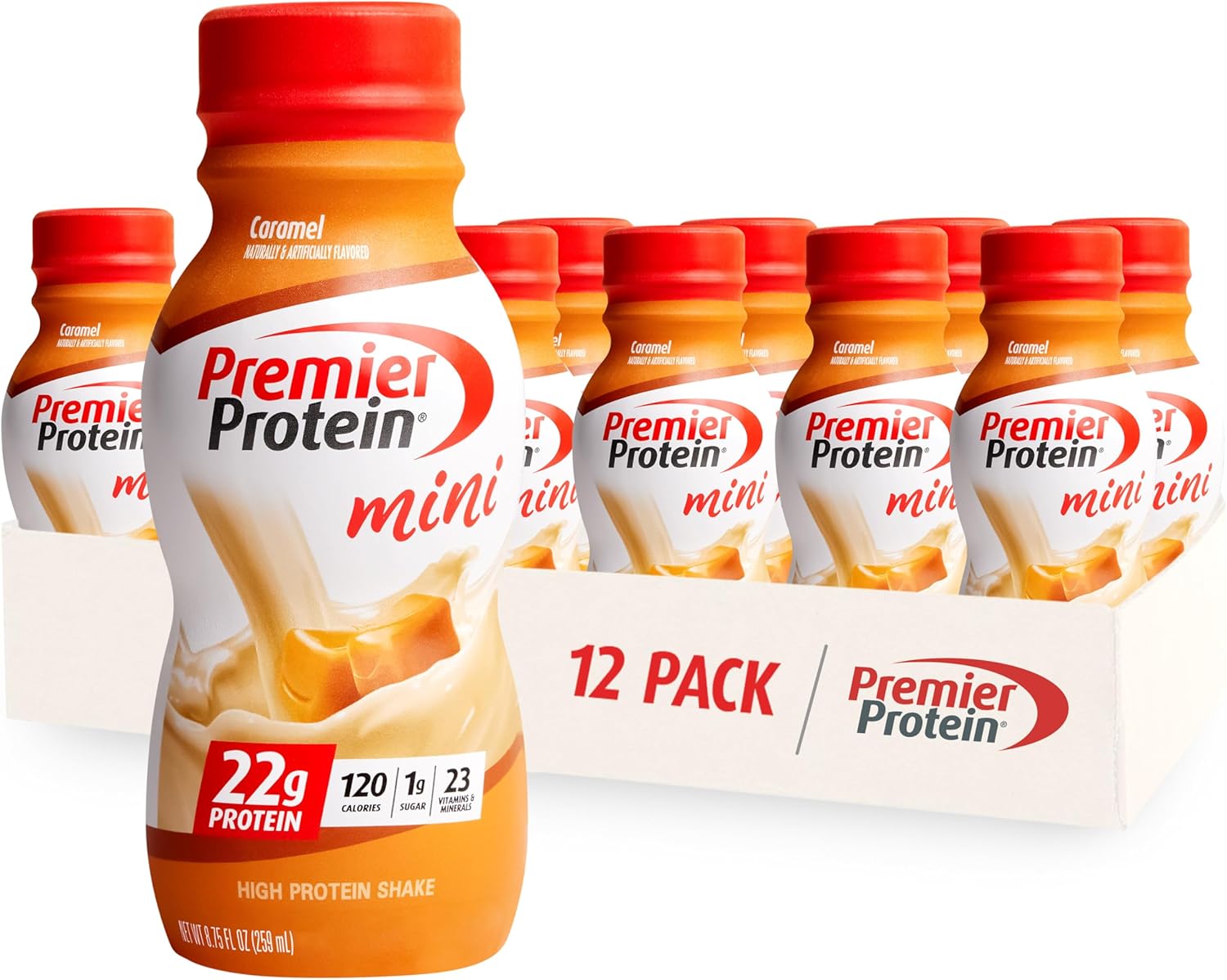 Premier Protein Shake Minis, Caramel, 22G Protein, 120 Calories, 1G Sugar, 8.75Fl Oz, Pack Of 12