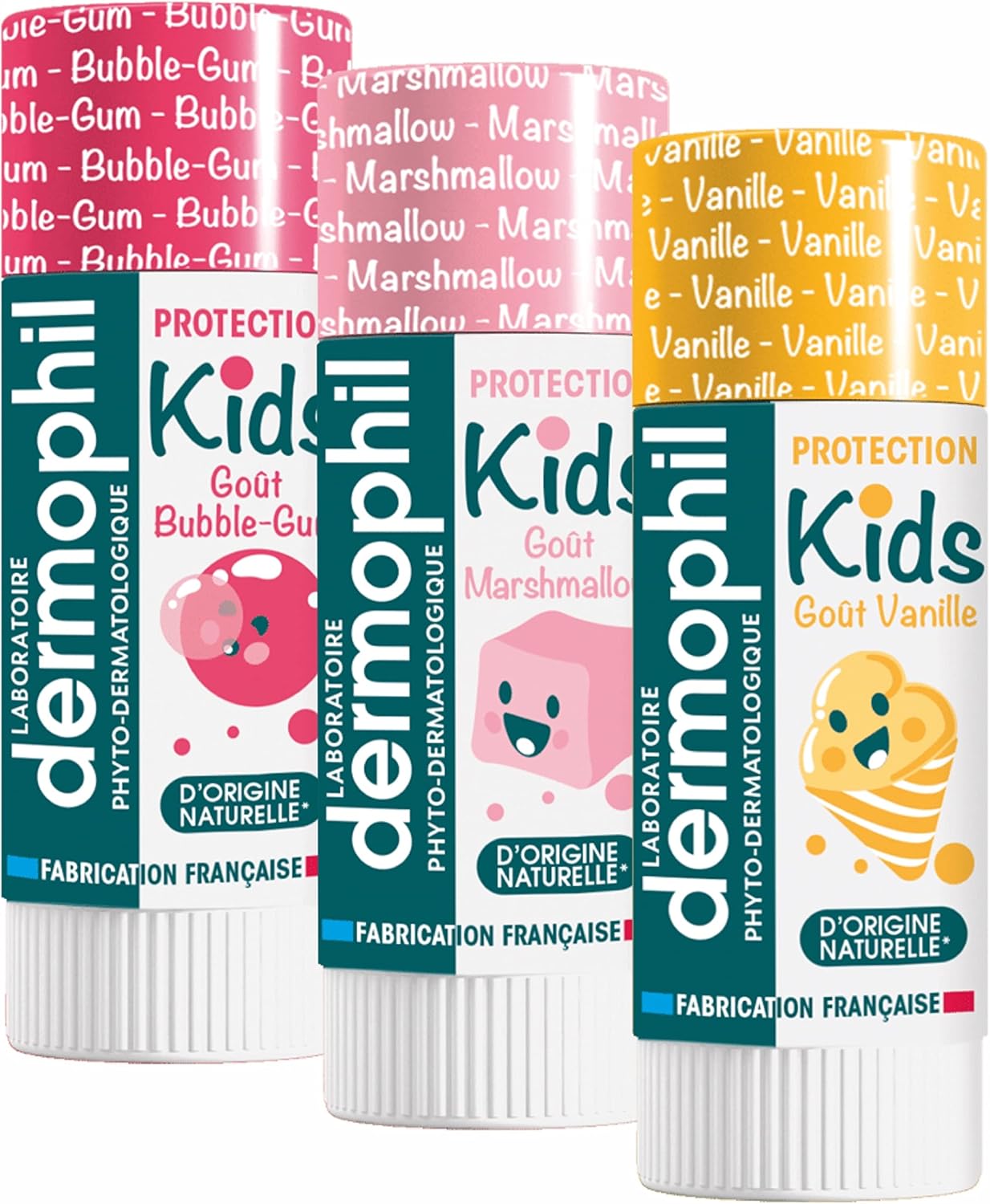 Dermophil Pack Of 3 Dermokids Lip Balms - Vanilla, Marshmallow, Bubble Gum - 4 G Sticks