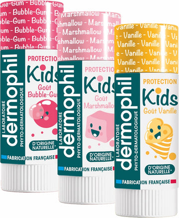 Dermophil Pack Of 3 Dermokids Lip Balms - Vanilla, Marshmallow, Bubble Gum - 4 G Sticks