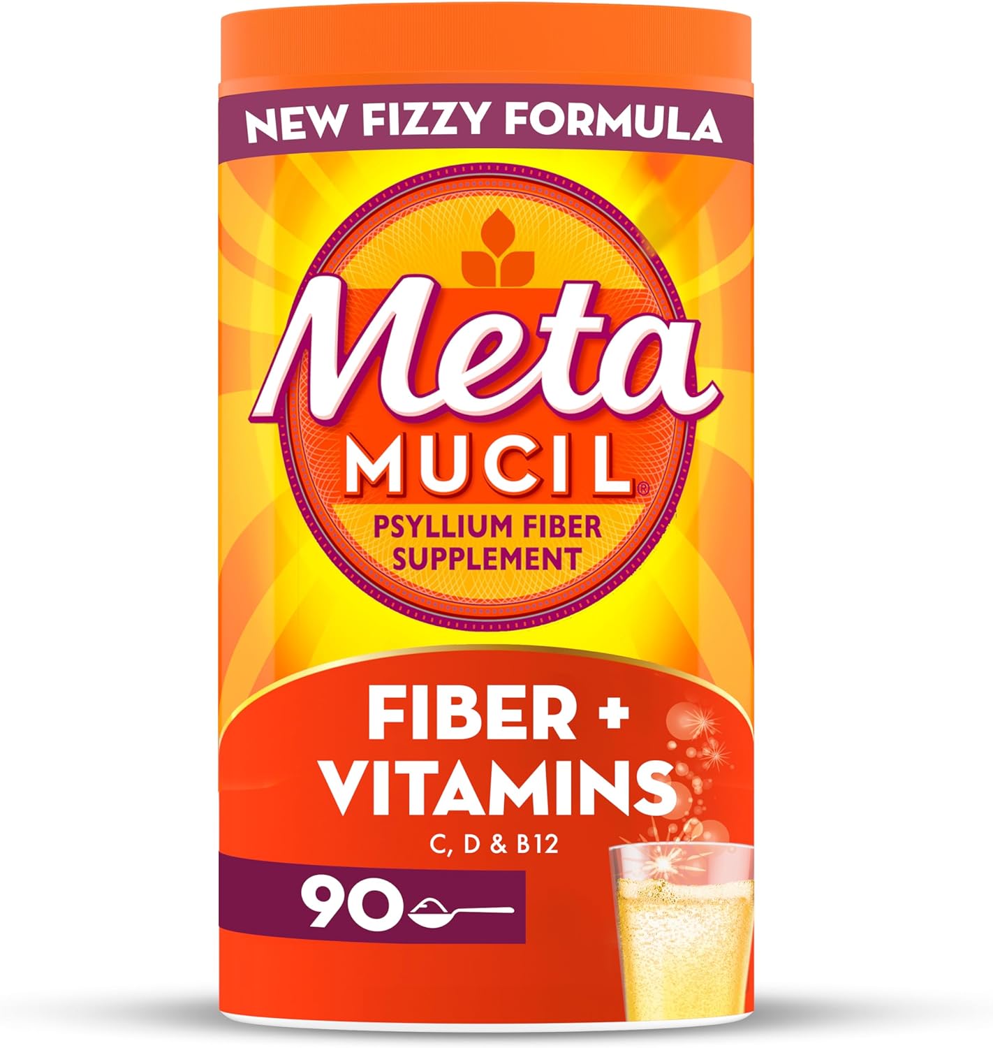 Metamucil 4-in-1 Fiber + Vitamins C, D, & B12, Fizzy Fiber Powder, Psyllium Husk Fiber Supplement for Digestive Health, with Vitamins C & D for Immune Health, Vitamin B12, Citrus Flavored, 90 servings