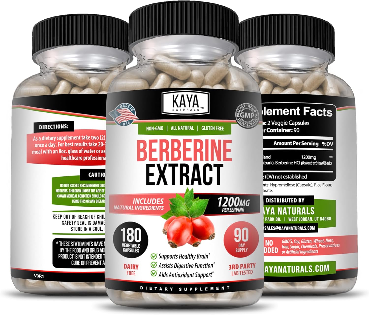 Kaya Naturals Berberine HCL Extract 1200mg - Supports Strong Immune System - Helps with Glucose Levels, Improve Gut Health (Vegetarian, Non-GMO & Gluten-Free) Berberine Supplement (180 Count) : Health & Household