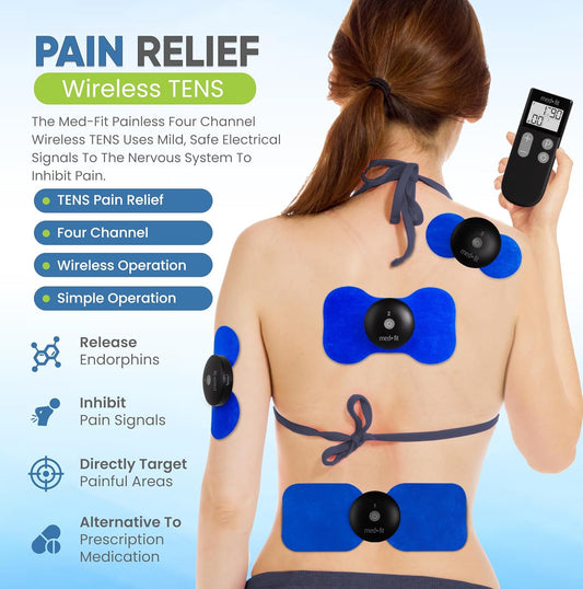 Med-Fit 4 Channel Wireless Tens Machine For Pain Relief, Muscle Relaxation & Pain Management - Treat Up To 4 Areas Simultaneously For Full Body Treatment - Professional Strength & Rechargeable