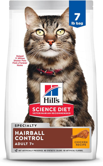 Hill'S Science Diet Hairball Control, Senior Adult 7+, Hairball Control Support, Dry Cat Food, Chicken Recipe, 7 Lb Bag