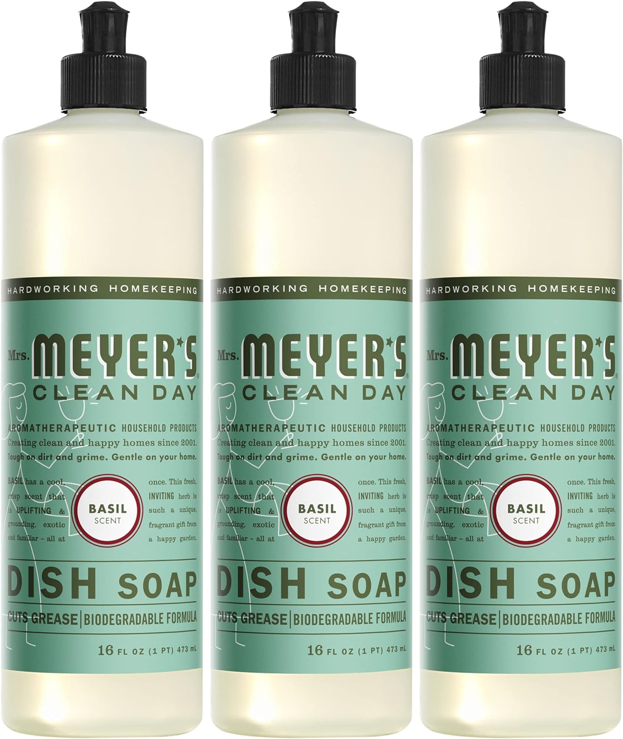 MRS. MEYER'S CLEAN DAY Liquid Dish Soap, Biodegradable Formula, Basil, 16 fl. oz - Pack of 3