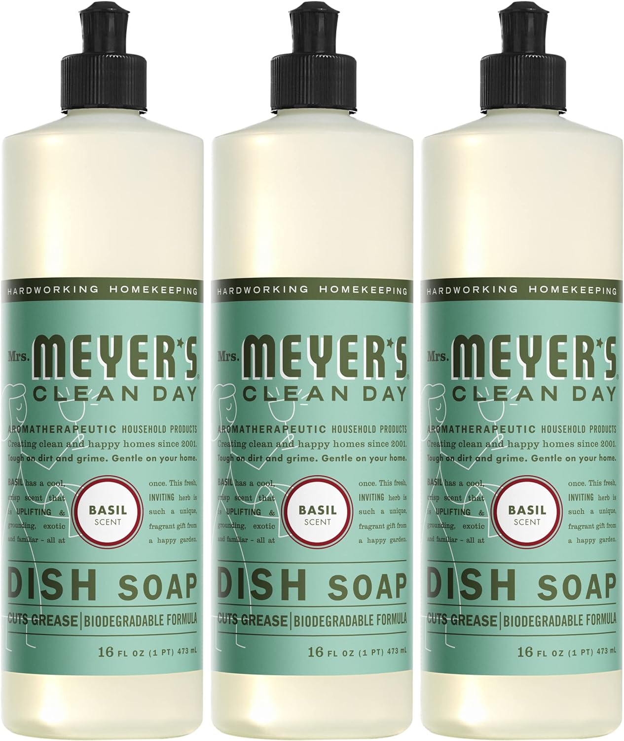 Mrs. Meyer'S Clean Day Liquid Dish Soap, Biodegradable Formula, Basil, 16 Fl. Oz - Pack Of 3