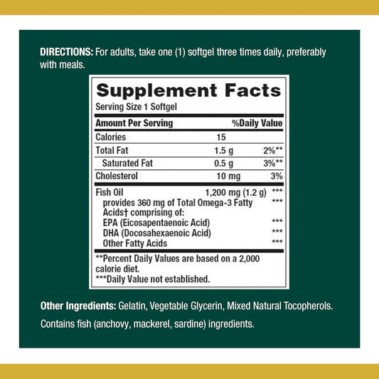 Nature’S Bounty Fish Oil, 1200Mg, 360Mg Of Omega-3, 120 (3 Pack , 360 Total) Softgels 120 Softgels