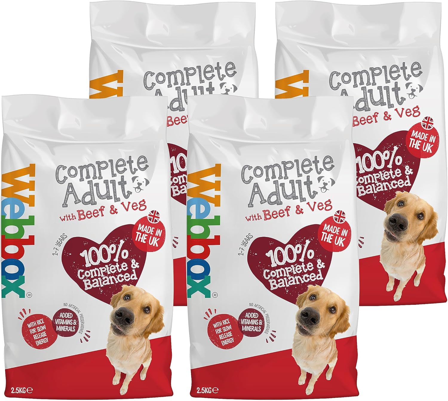 Webbox Complete Dry Dog Food (Adult), Beef and Vegetables - Wholegrain Cereals with Added Calcium and Essential Oils, Made in the UK (4 x 2.5kg Bags)
