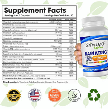 Shiny Leaf Bariatric Multivitamin Without Iron - Vitamins For Gastric Bypass & Sleeve, 1 Daily Capsule W Vitamin A, C, D, Biotin, Zinc, B12, K, Vegetarian, Soy-Free, Gmp Cert., Made In Usa (30 Ct.)
