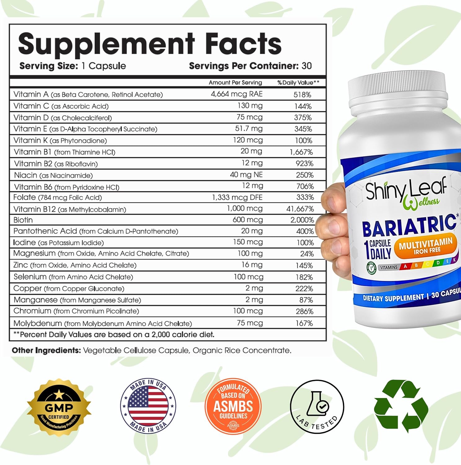 Shiny Leaf Bariatric Multivitamin Without Iron - Vitamins For Gastric Bypass & Sleeve, 1 Daily Capsule W Vitamin A, C, D, Biotin, Zinc, B12, K, Vegetarian, Soy-Free, Gmp Cert., Made In Usa (90 Ct.)
