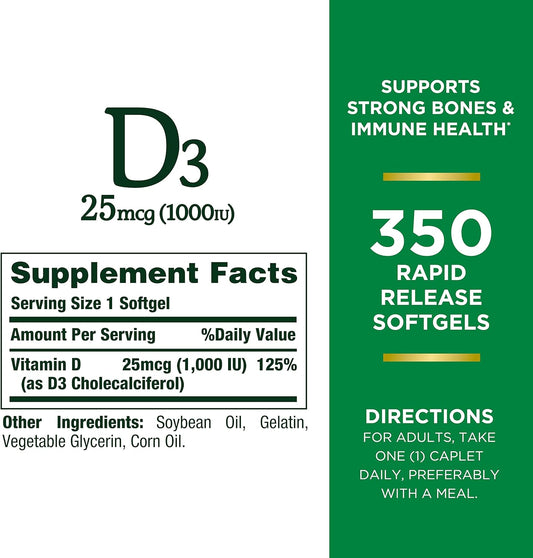 Nature'S Bounty Vitamin D3 1000 Iu Softgels, Immune Support, Promotes Healthy Bones, 350 Ct