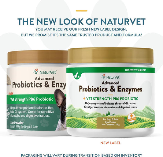 NaturVet – Advanced Probiotics & Enzymes - Plus Vet Strength PB6 Probiotic | Supports and Balances Pets with Sensitive Stomachs & Digestive Issues | for Dogs & Cats (8 oz)
