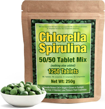 Premium Spirulina and Chlorella Capsules 1,250 Tablets, Non-GMO, Vegan Organic Chlorella Tablets, Sunlight Grown, Cracked Cell Wall, High Protein, Heavy Metal Detox