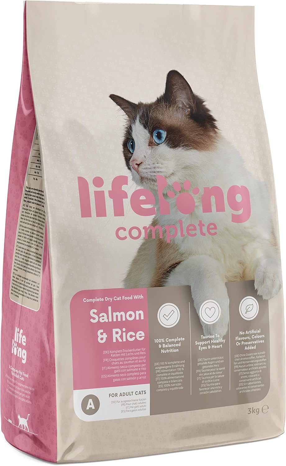 Amazon Brand - Lifelong - Complete Dry Cat Food with Salmon & Rice for Adult Cats, 3 kg (Pack of 1)?5400606003507