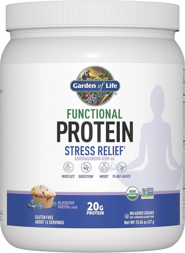 Garden Of Life Functional Protein Stress Relief - 20G Organic Sprouted & Fermented Protein Blend - Blueberry Muffin, Mood Blend For Stress Management, Ashwagandha Ksm-66, Vegan About 14 Servings