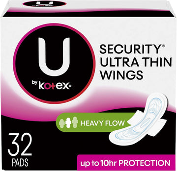 U by Kotex Security Ultra Thin Pads with Wings, Heavy Flow, Long, Unscented, 32 Count