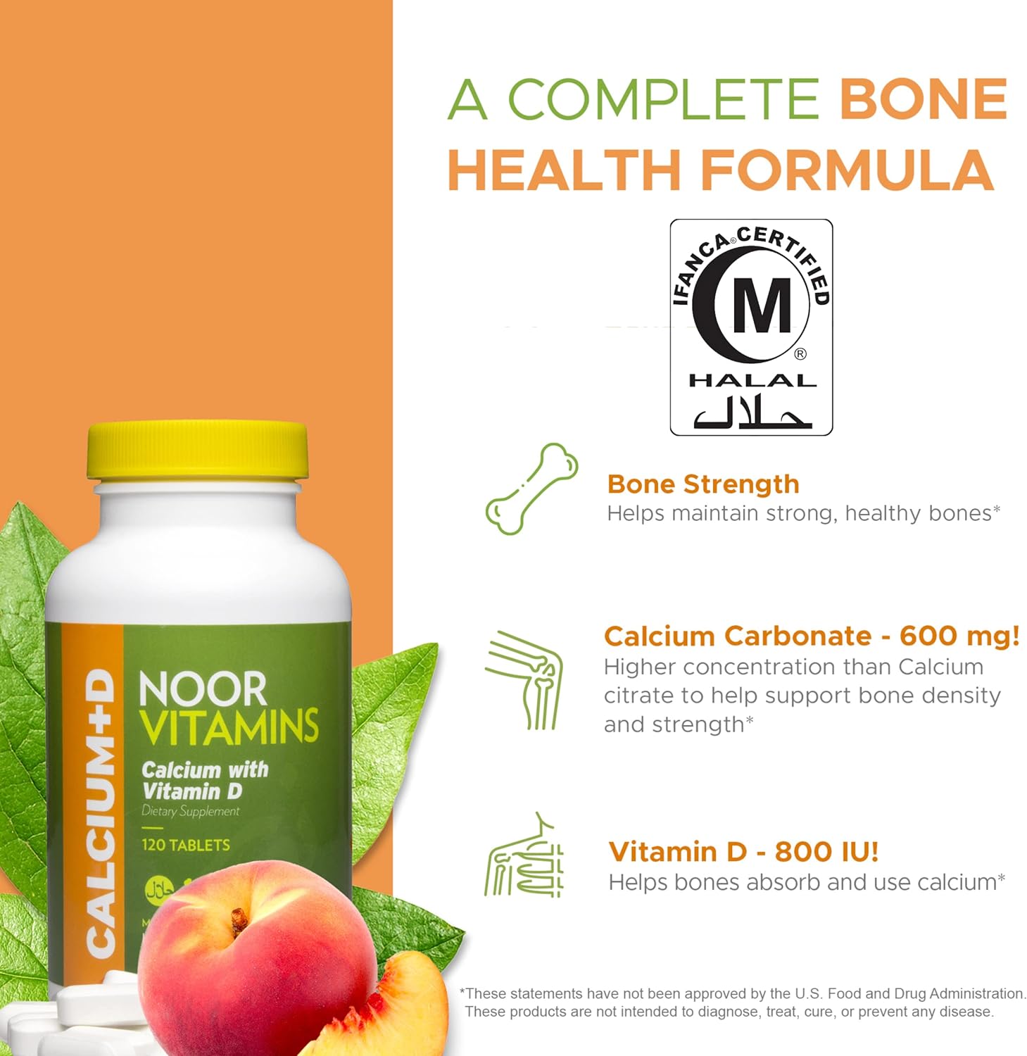 Noor Vitamins Halal Calcium Plus Vitamin D Bone & Immune Support | 600 mg Calcium & 800 IU (20 mcg) D2 per Tablet | aids in Absorption of Calcium into Bones, Non-GMO, Vegetarian & Halal (120 Tablets) : Health & Household