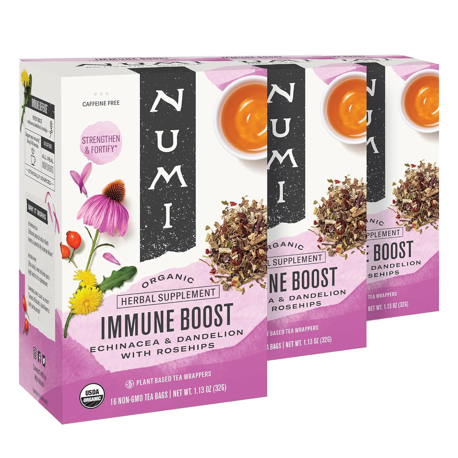 Numi Organic Immune Boost Tea, 16 Tea Bags (Pack Of 3), Echinacea, Dandelion And Rosehips, Caffeine Free