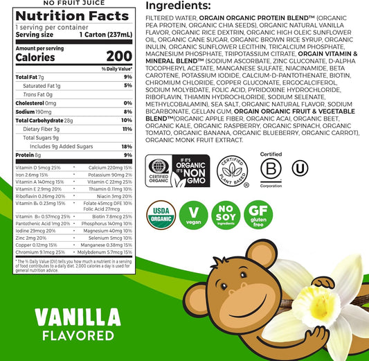 Orgain Organic Kids Nutritional Vegan Protein Shake, Vanilla - Healthy Kids Snacks, 8G Plant Protein, 3G Fiber, 23 Vitamins & Minerals, No Dairy & Soy Ingredients, Non-Gmo, 8 Fl Oz (Pack Of 12)