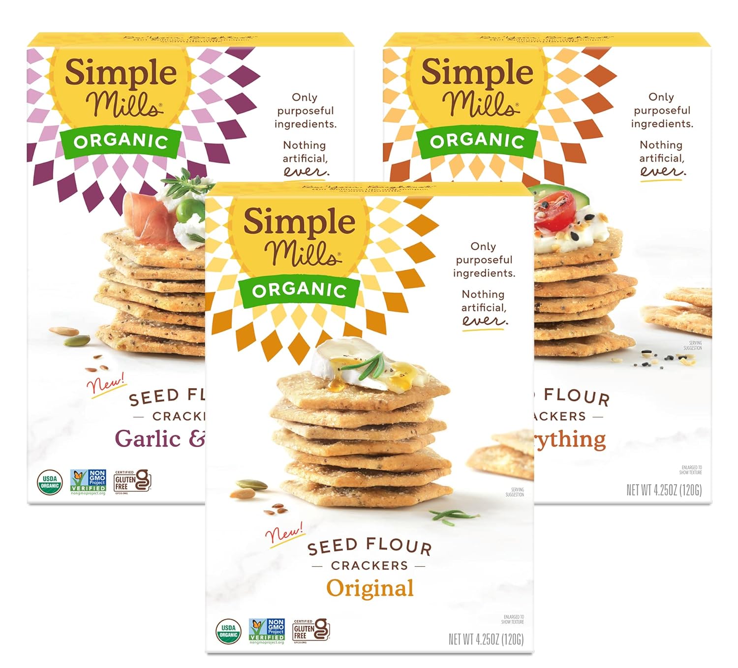 Simple Mills Organic Seed Crackers Variety Pack (Original, Everything, Garlic & Herb) - Gluten Free, Vegan, Healthy Snacks, Paleo Friendly, 4.25 Ounce (Pack Of 3)