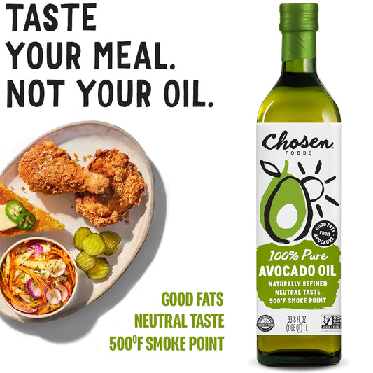 Chosen Foods 100% Pure Avocado Oil, Keto And Paleo Diet Friendly, Kosher Oil For Baking, High-Heat Cooking, Frying, Homemade Sauces, Dressings And Marinades (1 Liter, 3 Pack)