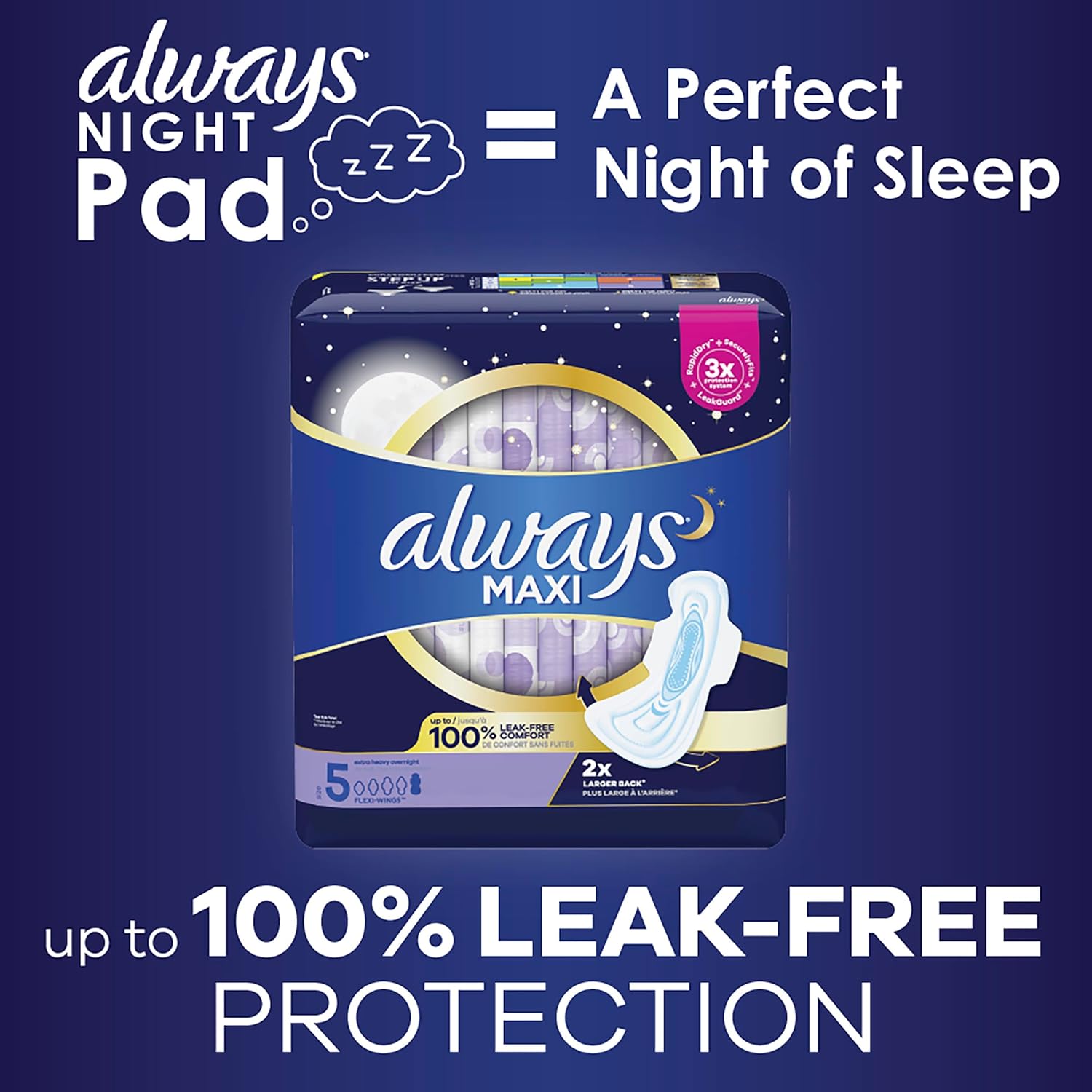 Always Maxi Overnight Pads With Wings, Size 5, Extra Heavy Overnight, Unscented, 36 Count