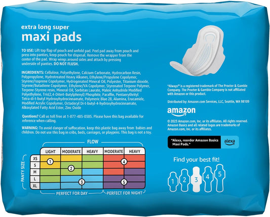 Amazon Basics Thick Maxi Pads with Flexi-Wings for Periods, Extra Long Length, Super Absorbency, Unscented, Size 3, 104 Count (4 Packs of 26) (Previously Solimo)