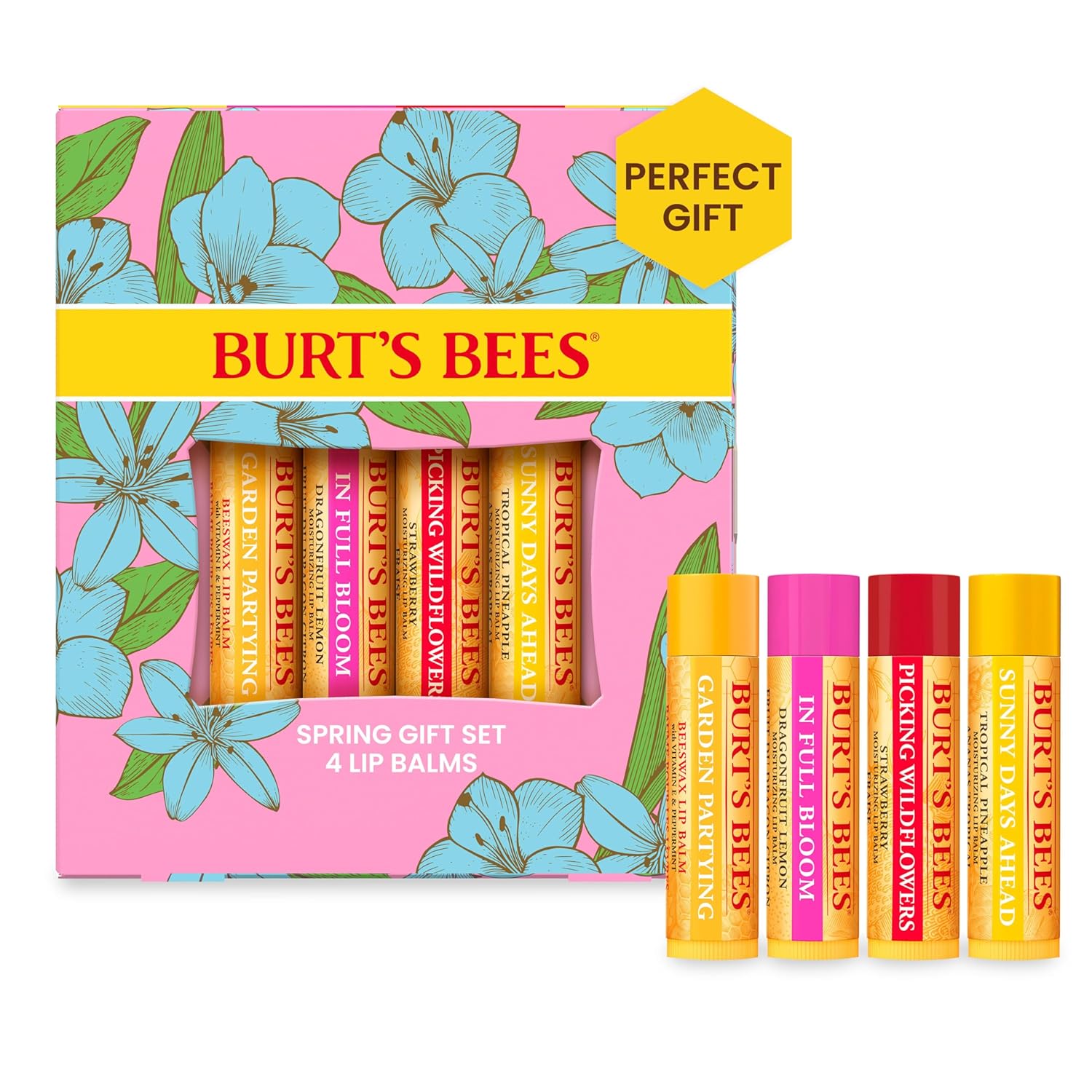 Burt's Bees Lip Balm Mothers Day Gifts for Mom - In Full Bloom Set, Original Beeswax, Dragonfruit Lemon, Tropical Pineapple & Strawberry, Natural Origin Lip Treatment With Beeswax, 4 Tubes, 0.15 oz