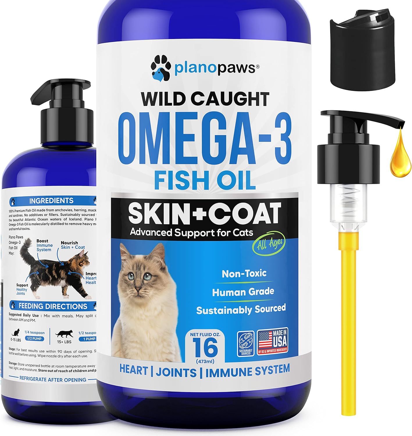 Omega 3 Fish Oil For Cats - Better Than Salmon Oil For Cats - Kitten + Cat Vitamins And Supplements - Cat Health Supplies - Cat Dandruff Treatment - Liquid Fish Oil For Pets - Cat Shedding Products
