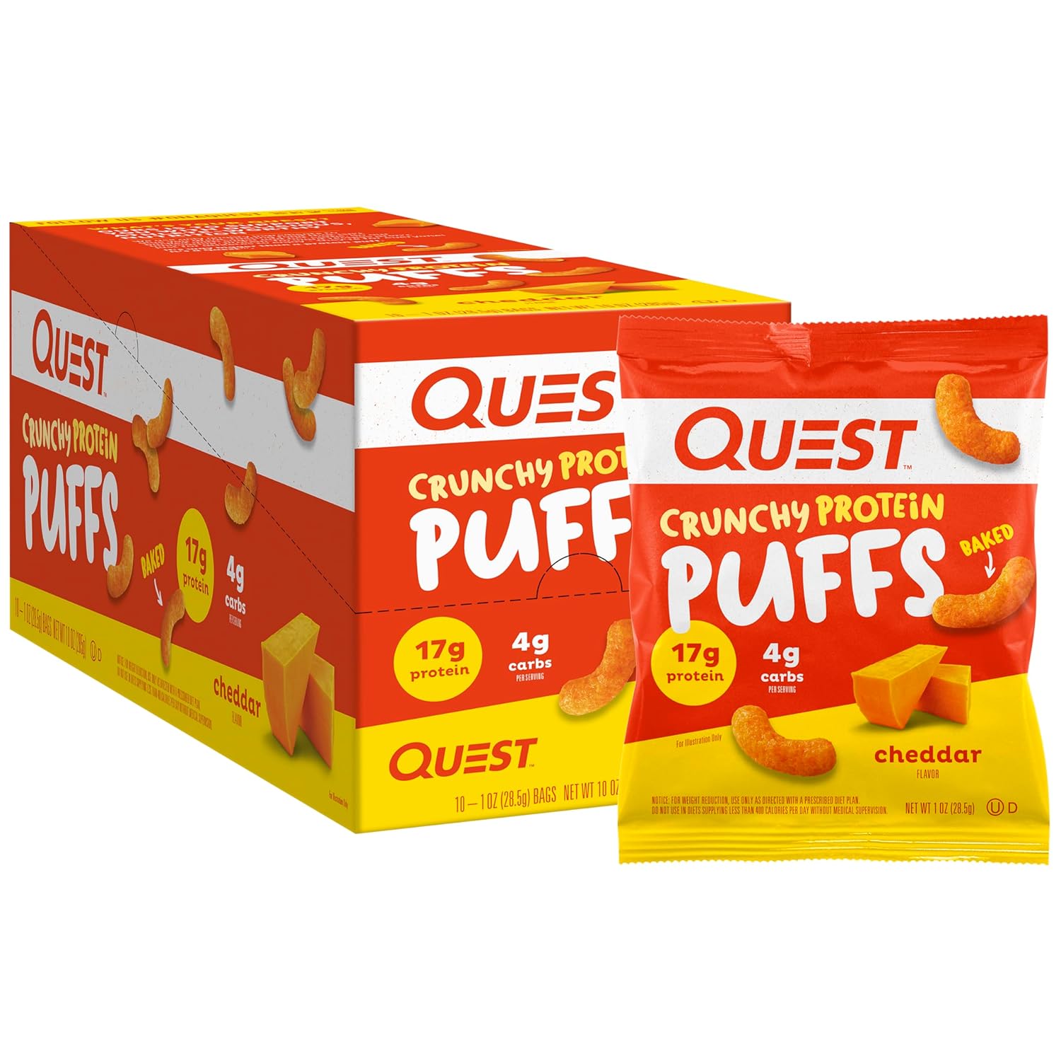 Quest Nutrition Crunchy Protein Puffs, Cheddar, 17G Protein, 4G Carbs, Gluten Free, Baked, 10 Count