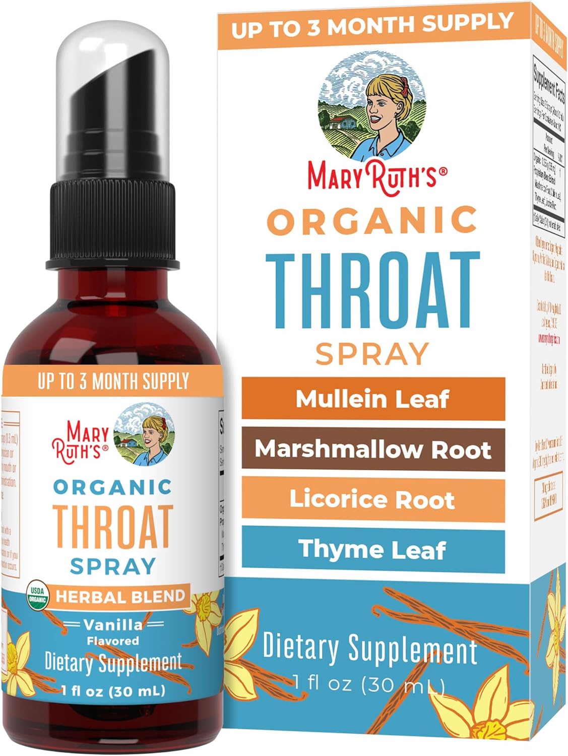 MaryRuth’s USDA Organic Throat Spray, Herbal Blend with Mullein, Marshmallow Root, Licorice & Thyme, 1 oz