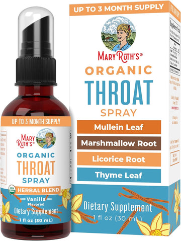 MaryRuth’s USDA Organic Throat Spray, Herbal Blend with Mullein, Marshmallow Root, Licorice & Thyme, 1 oz