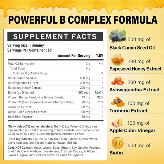 Black Seed Oil & Honey Gummies - Black Seed Oil 500Mg With Biotin, Ashwagandha Extract, Turmeric Extract, Vitamin C & B6 - Supports Immune & Digestion