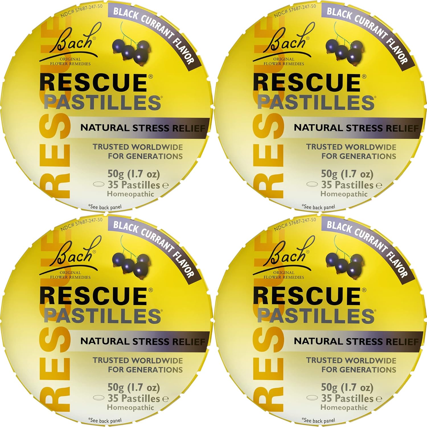 Bach Rescue Pastilles, Black Currant Flavor, Natural Stress Relief Lozenges, Homeopathic Flower Essence, Vegetarian, Gluten And Sugar-Free, 4-Pack
