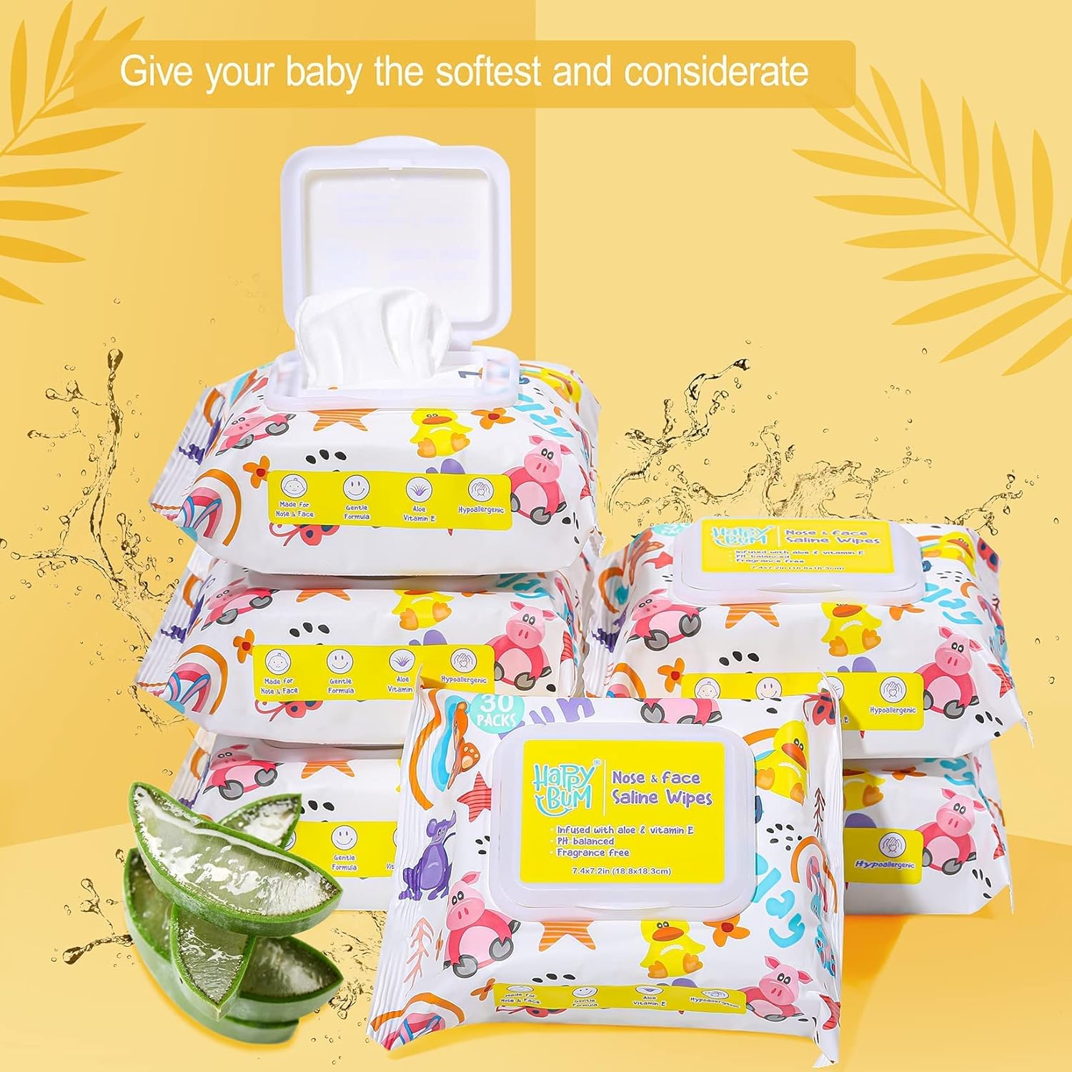Happy Bum - 180 Count Saline Baby Wipes, Unscented, 7.4 X 7.2 Inch, Moist And Refreshing, Multi-Purpose Use, Ideal For Travel