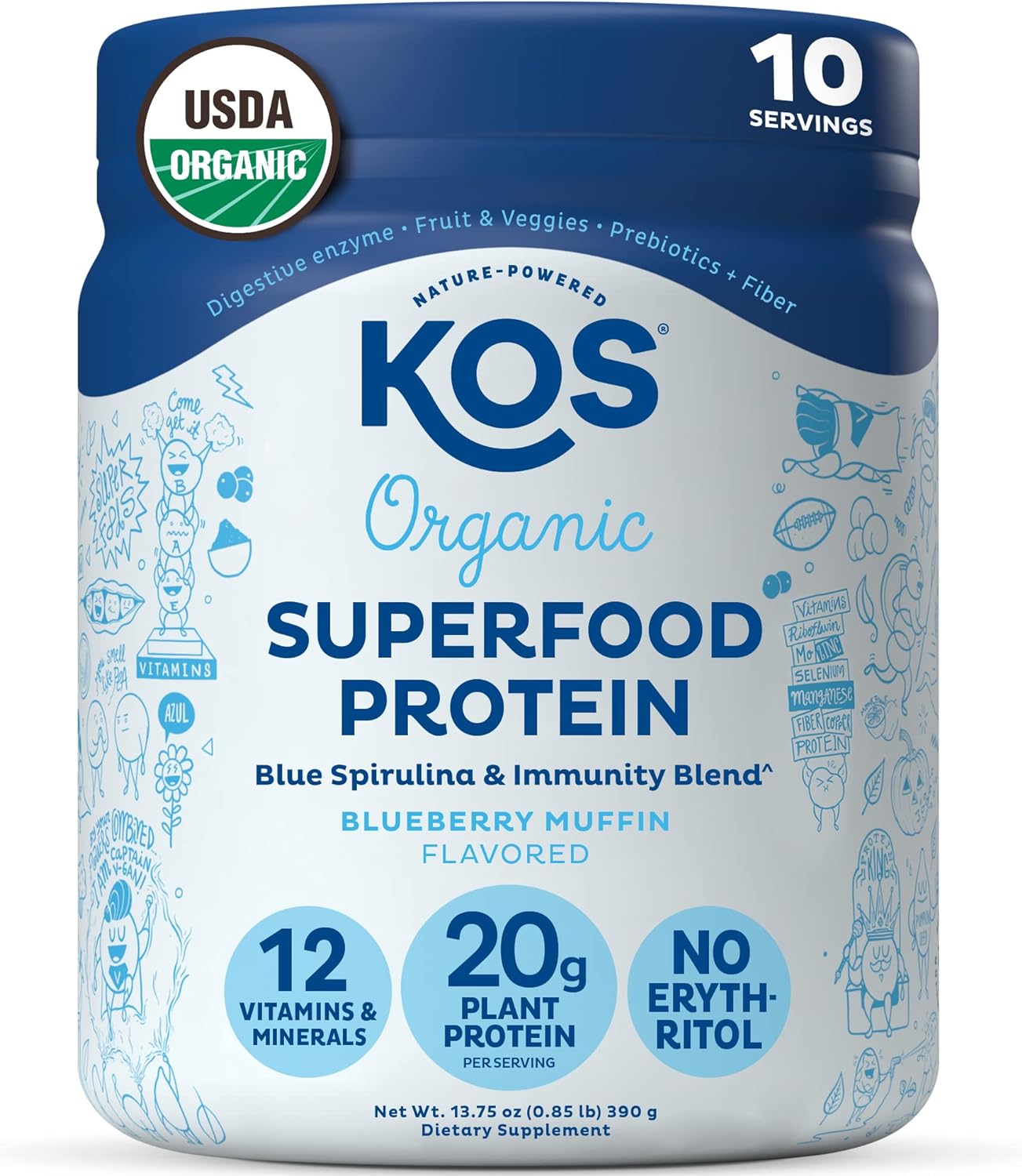 Kos Plant Based Protein Powder, Blueberry Muffin - Organic Pea Protein Superfood With Spirulina And Immune Support Blend. Soy, Gluten, Dairy Free - Vegan Meal Replacement For Women & Men - 10 Servings