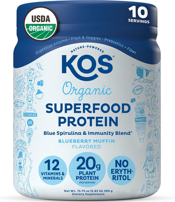 Kos Plant Based Protein Powder, Blueberry Muffin - Organic Pea Protein Superfood With Spirulina And Immune Support Blend. Soy, Gluten, Dairy Free - Vegan Meal Replacement For Women & Men - 10 Servings