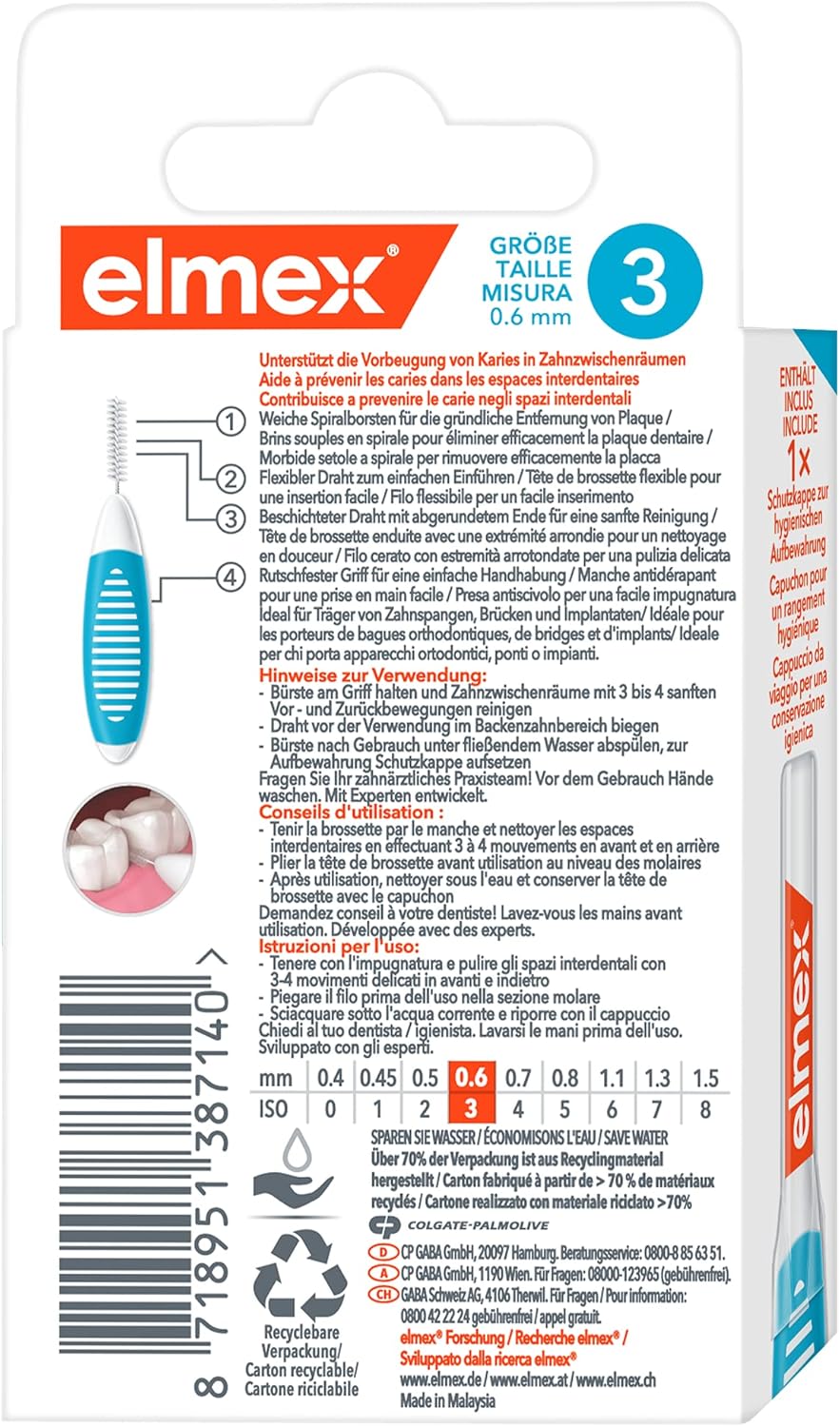 Elmex Interdental Brush Blue (Size 3, 0.6 Mm), 1 X 8 Interdental Brushes For Cleaning Medium Interdental Spaces