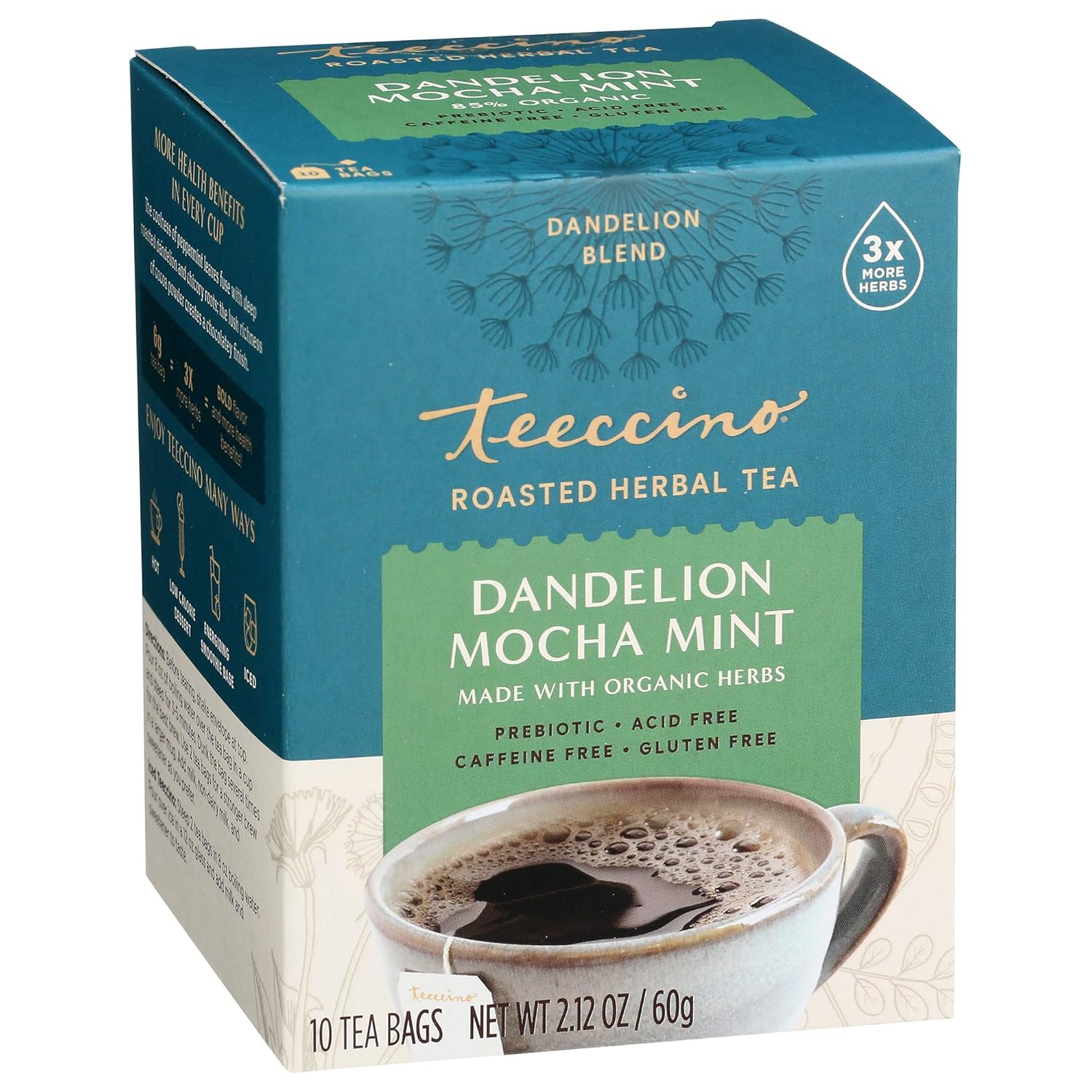 Teeccino Dandelion Tea Variety Pack – Dark Roast, Caramel Nut, Mocha Mint, Turmeric, Red Chai, Coconut – Caffeine Free, Gluten Free & Prebiotic Herbal Tea With Roasted Dandelion, 10 Tea Bags (6-Pack)